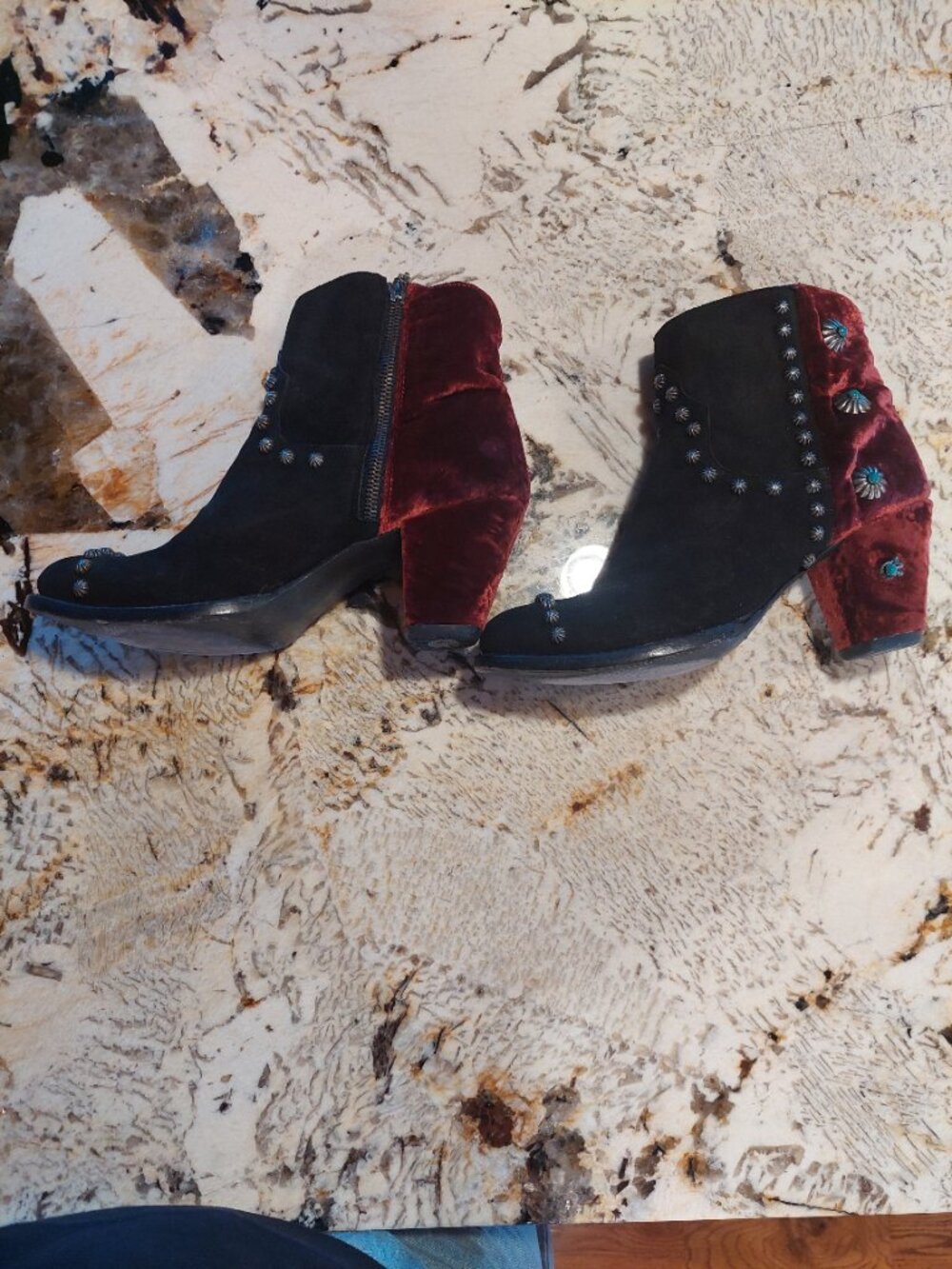Double D Ranch Wine Velvet and black heeled Ankle boots Conchos/Turquoise sz 10 - Picture 6 of 15
